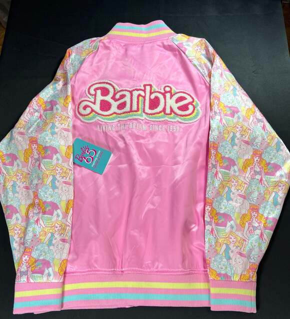 Loungefly Jackets & Blazers - Loungefly Barbie 65th Anniversary Satin Varsity Bomber Jacket Size Medium